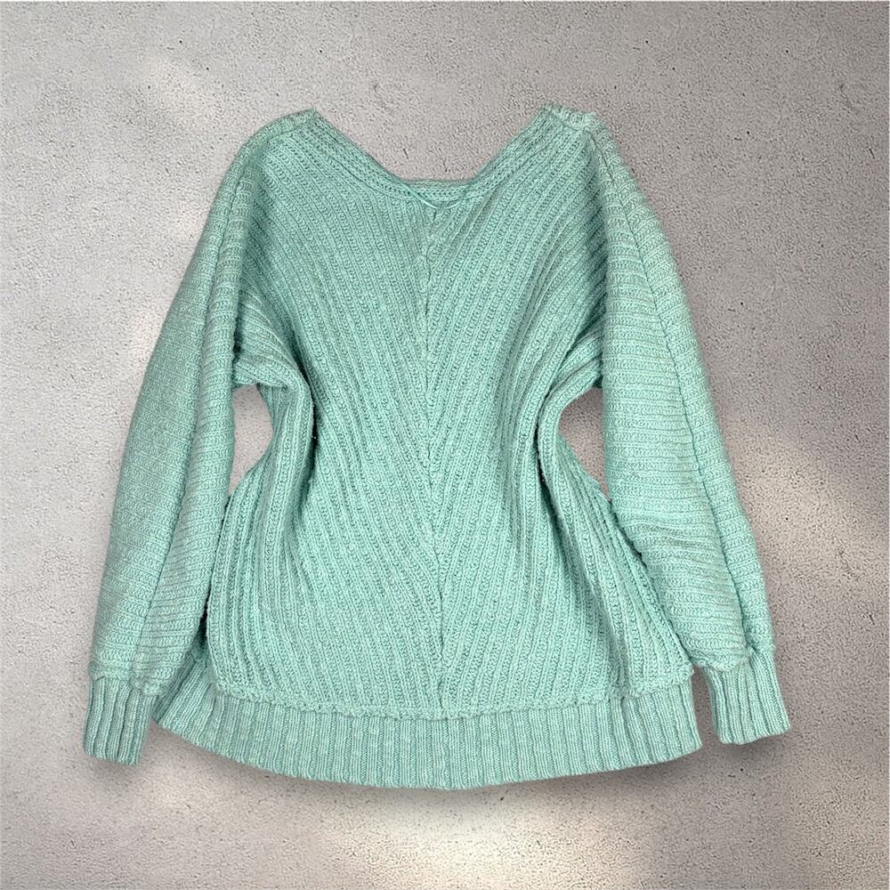 Free People Sunset V-Neck Pullover Sweater Women's M Blue Chunky Knit Boho Cozy - Picture 3 of 11